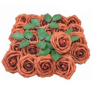 25 count | Burnt Orange Roses w/ Stems Leaves Wedding Party Bouquets Centerpiece